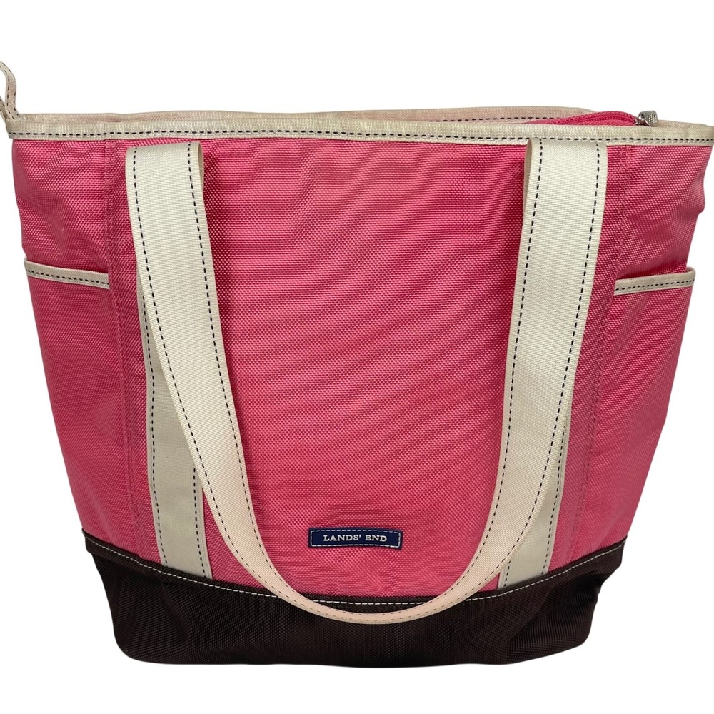 Lands End Heavyweight Nylon Zip Top Tote Bag Pink Brown Cream‎ Multi Pocket